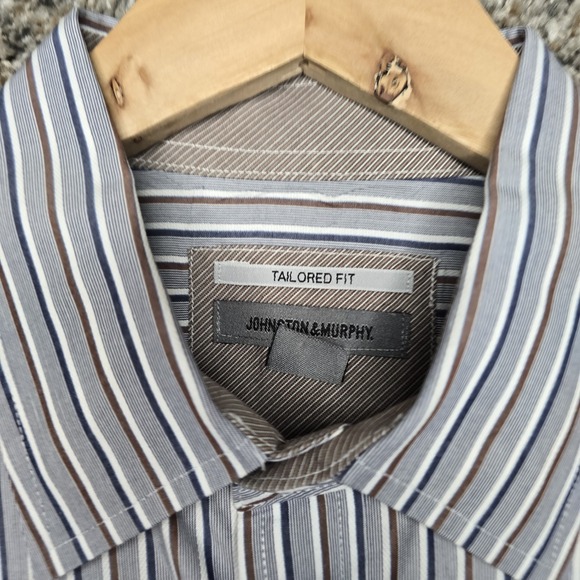 Johnston & Murphy Shirt Mens Large Blue Button Up Tailored Fit Striped Cotton - Picture 6 of 7
